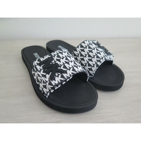 Michael Kors Wade Women's Size 6 MK Signature Logo Slide Sandals Black White - Picture 5 of 11